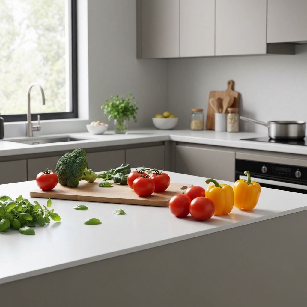 Kitchen counter with meal preparation ingredients