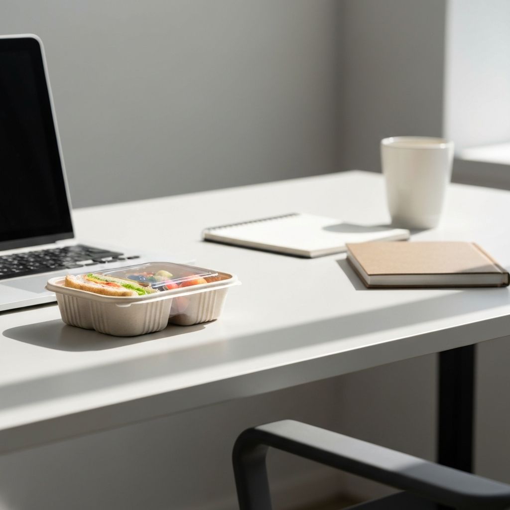 Desk area with packed lunch container